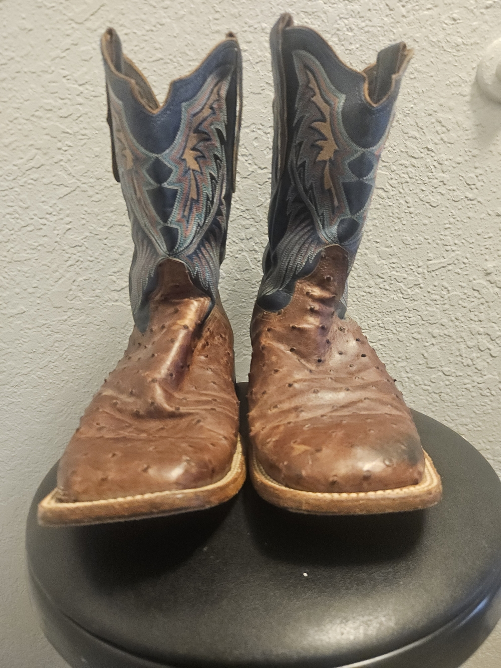 Tony Lama Brown Ostrich Leather with Blue Embroidered Shaft Cowboy Boots - Picture 4 of 9